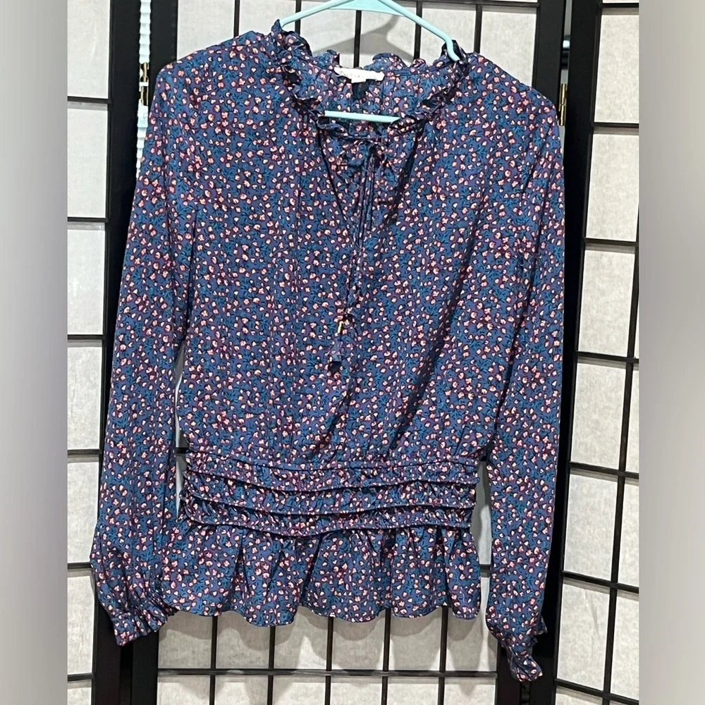 SOCIALITE BLUE DITSY Floral LONG SLEEVE PEPLUM Blouse with Ruffle Details SZ S